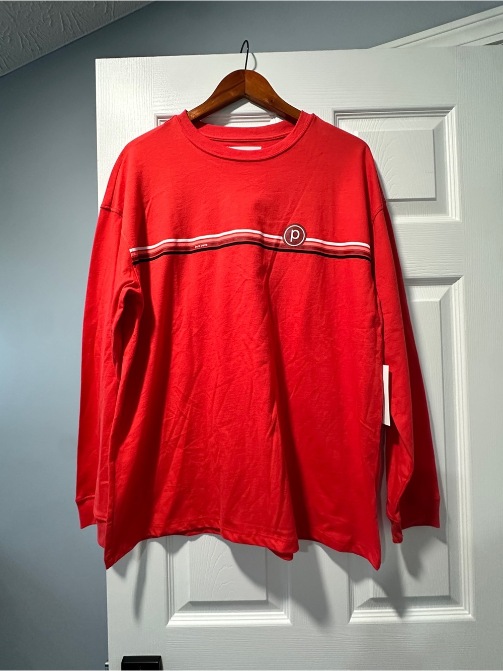 Spiritual Gangster Red Long-Sleeve Crewneck with Chest Stripe and Logo